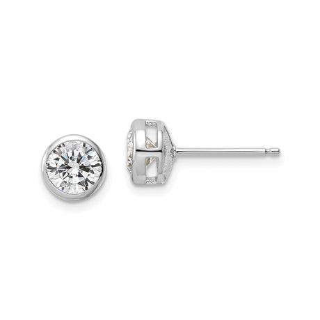 Sterling Silver Stud Earrings with Round Cut Cubic Zirconia in Bezel Setting, Minimalist Design