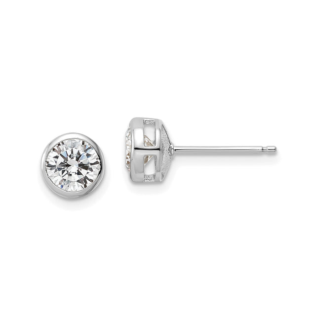 Sterling Silver Stud Earrings with Round Cut Cubic Zirconia in Bezel Setting, Minimalist Design