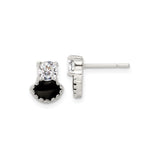 Sterling Silver Cat Stud Earrings with Black Enamel and Cubic Zirconia Silhouette Design