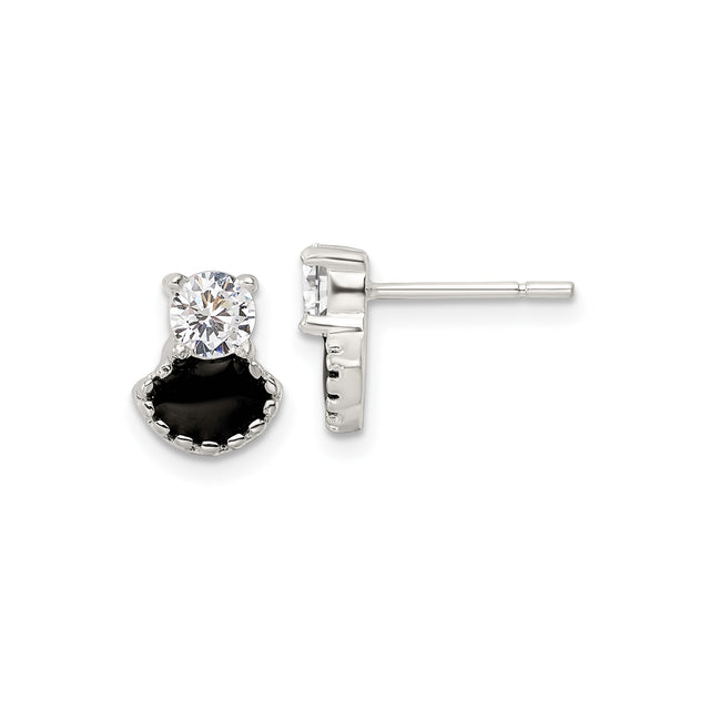 Sterling Silver Cat Stud Earrings with Black Enamel and Cubic Zirconia Silhouette Design