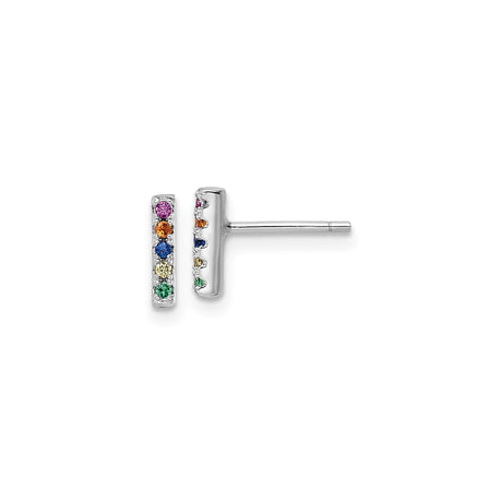 Sterling Silver Vertical Bar Stud Earrings with Multicolor CZ Crystals, Minimalist Rainbow Pride Jewelry for Women, Dainty Inclusive Post Earrings, Modern Daily Wear Sterling Studs