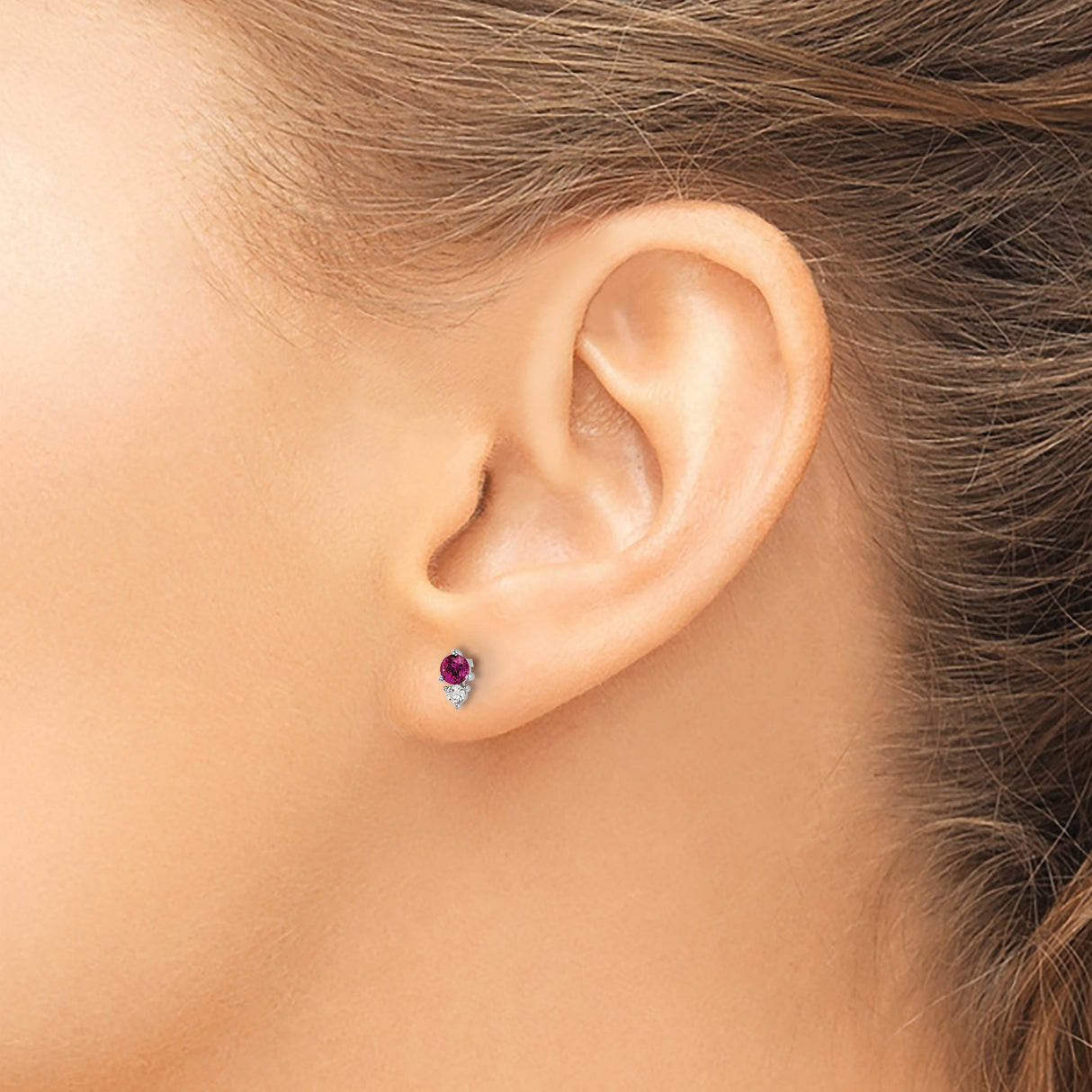 Sterling Silver Stud Earrings with Round Pink Cubic Zirconia and Pear-Shaped Clear Stone