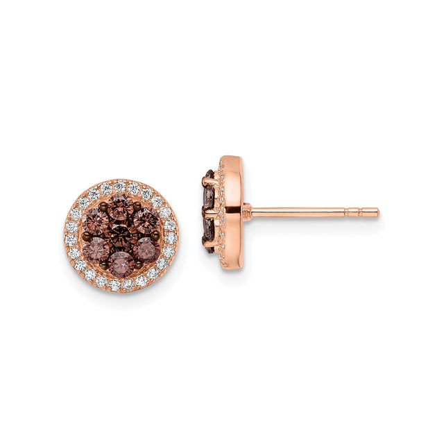 Sterling Silver Stud Earrings with Brown Cubic Zirconia Center and Halo Design