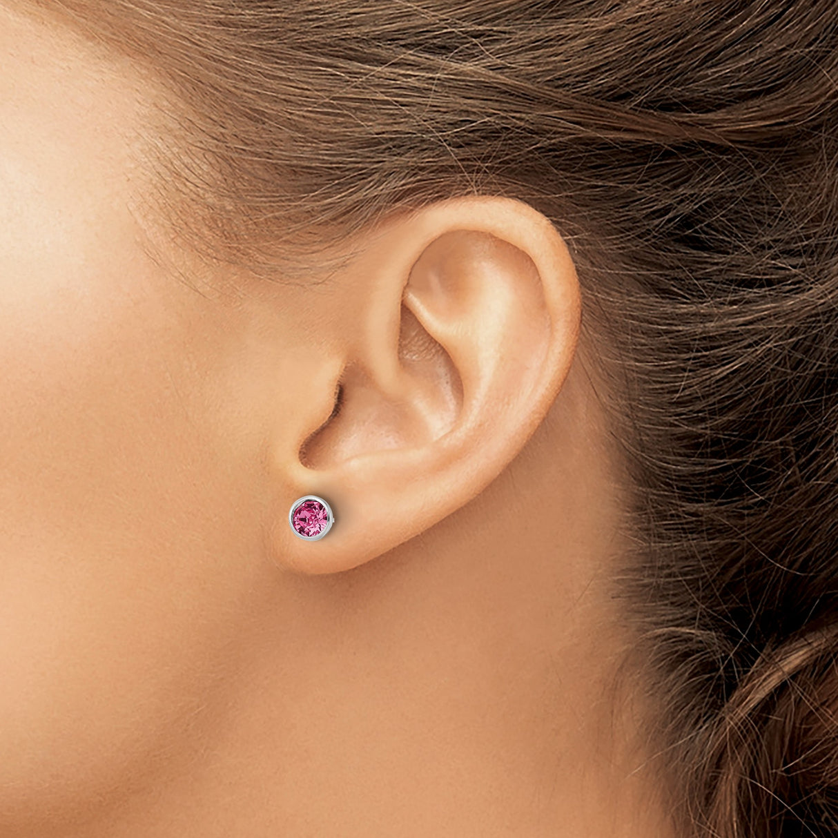 Sterling Silver Stud Earrings with Pink Crystal, Round Bezel Minimalist Design for Women