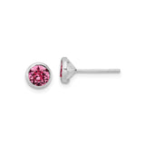 Sterling Silver Stud Earrings with Pink Crystal, Round Bezel Minimalist Design for Women