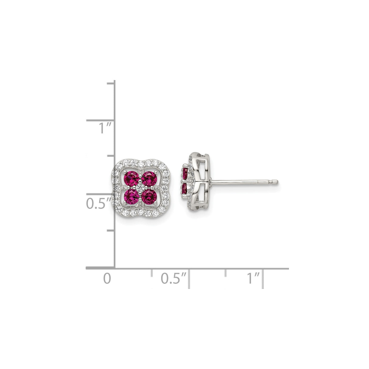 Sterling Silver Stud Earrings with Cubic Zirconia and Lab Created Ruby, Floral Clover Design