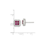 Sterling Silver Stud Earrings with Cubic Zirconia and Lab Created Ruby, Floral Clover Design
