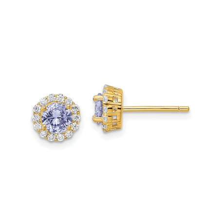 Sterling Silver Stud Earrings with Light Purple Cubic Zirconia and Halo Design