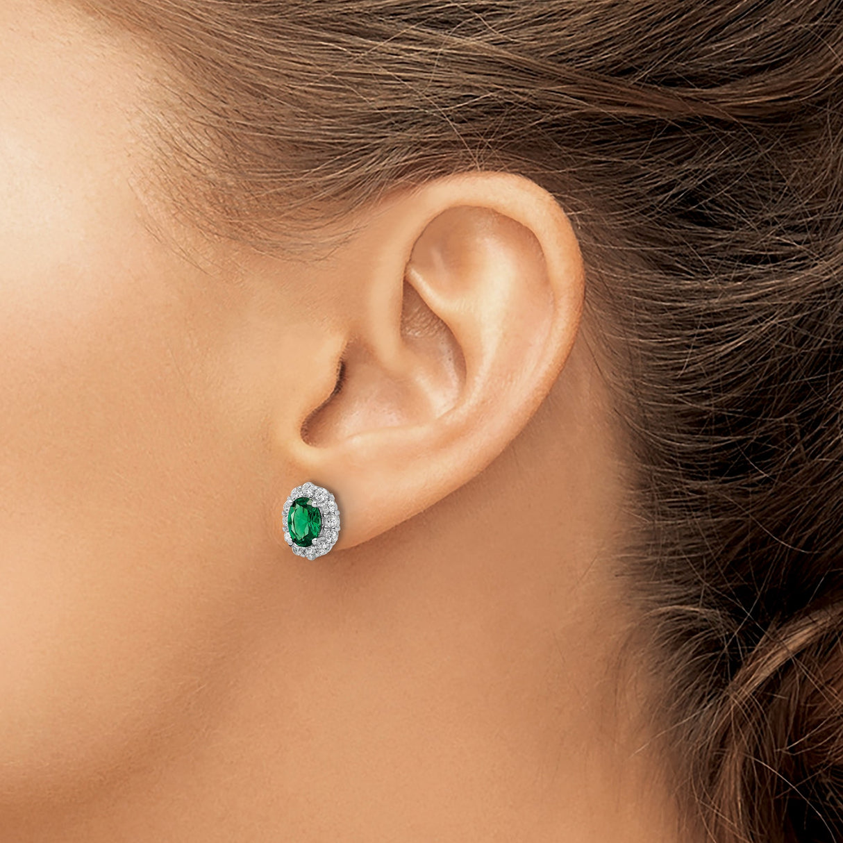 Sterling Silver Stud Earrings with Oval Green Cubic Zirconia and Halo Design
