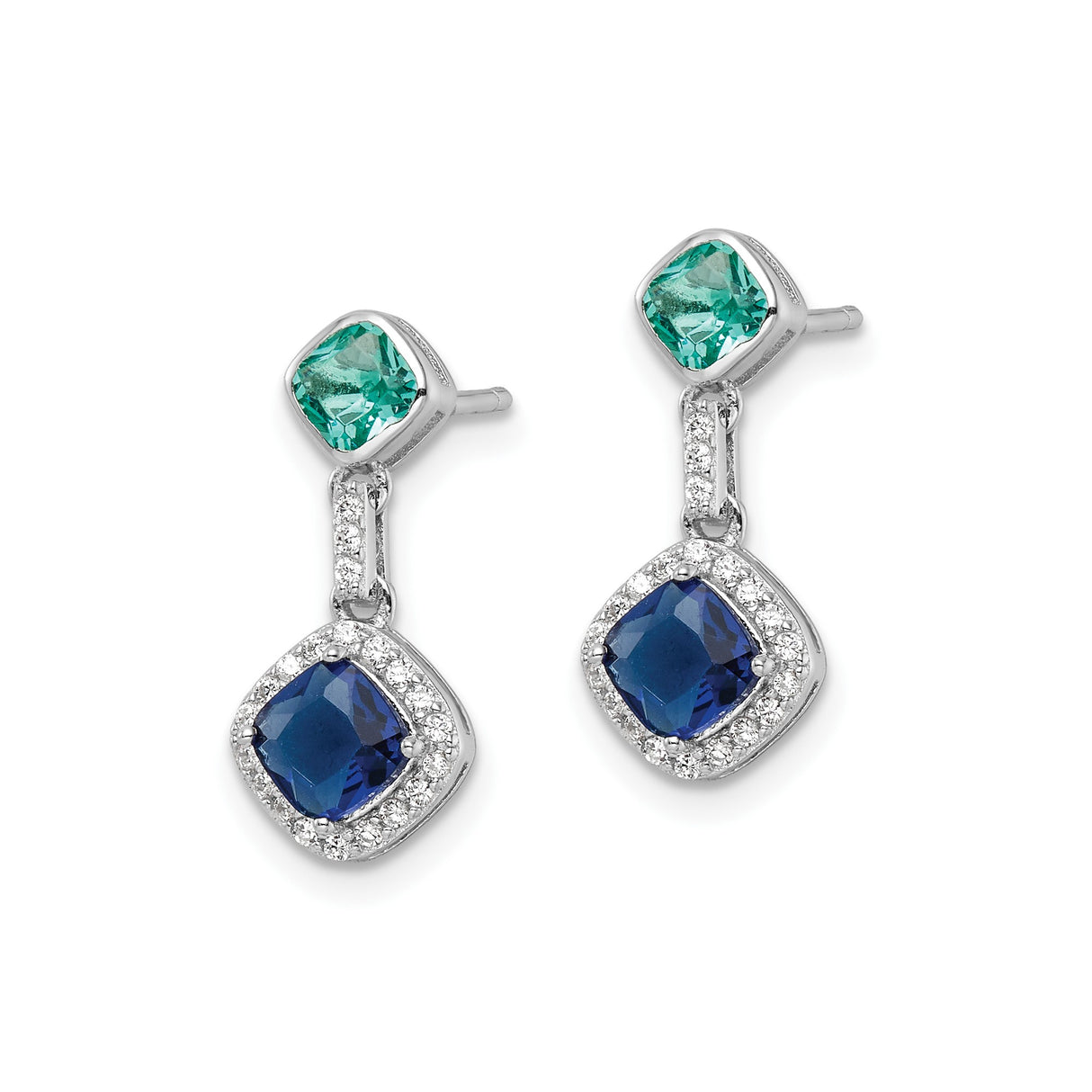 Sterling Silver Dangle Earrings with Cushion Cut Blue Cubic Zirconia, Green Stud, Halo Setting
