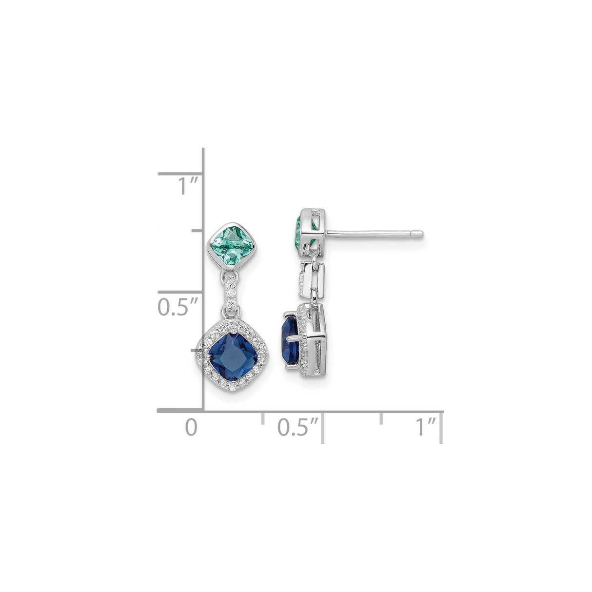Sterling Silver Dangle Earrings with Cushion Cut Blue Cubic Zirconia, Green Stud, Halo Setting