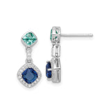 Sterling Silver Dangle Earrings with Cushion Cut Blue Cubic Zirconia, Green Stud, Halo Setting