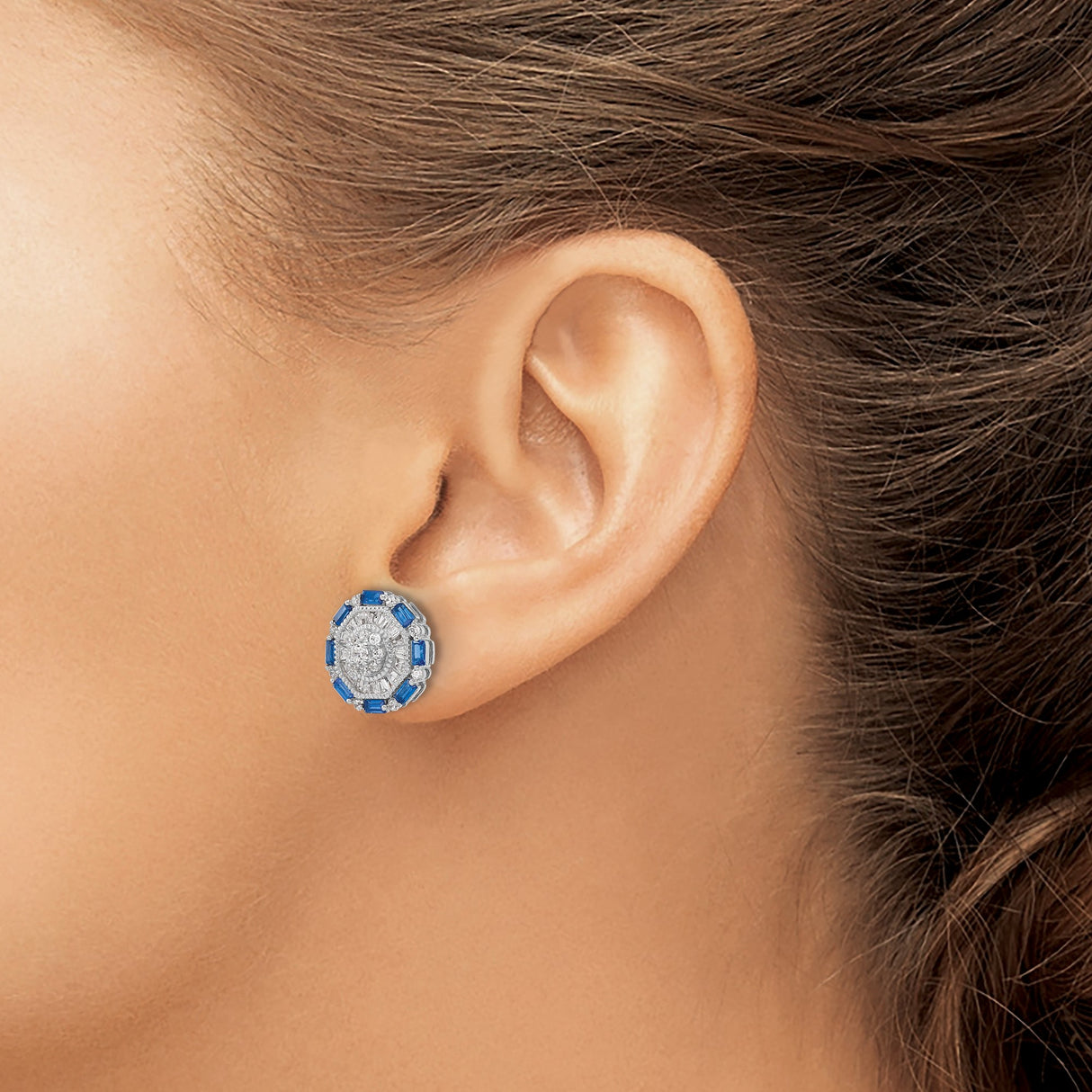 Sterling Silver Stud Earrings with Cubic Zirconia, Radiant Halo Design, Blue and Clear Baguette Stones