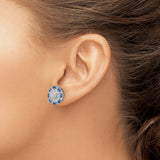 Sterling Silver Stud Earrings with Cubic Zirconia, Radiant Halo Design, Blue and Clear Baguette Stones