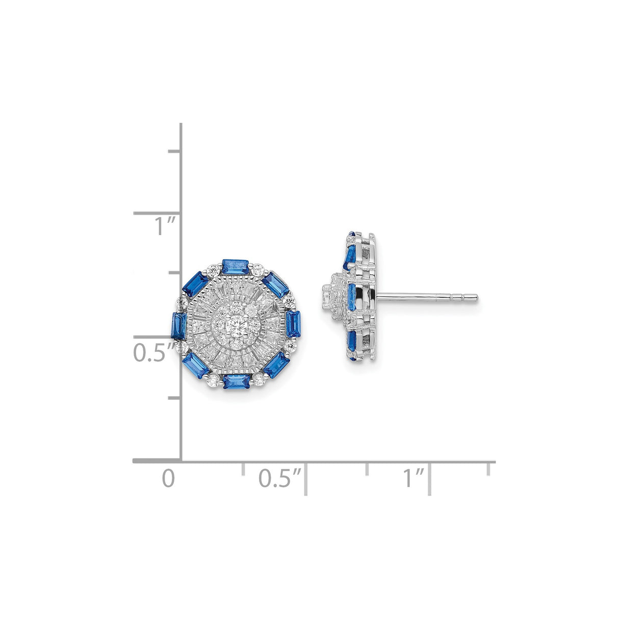 Sterling Silver Stud Earrings with Cubic Zirconia, Radiant Halo Design, Blue and Clear Baguette Stones