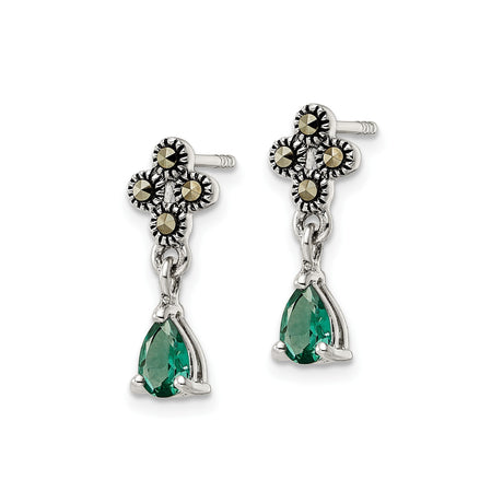 Sterling Silver Drop Earrings with Green Quartz and Marcasite Floral Design, Vintage Art Deco Style