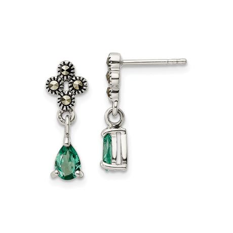 Sterling Silver Drop Earrings with Green Quartz and Marcasite Floral Design, Vintage Art Deco Style