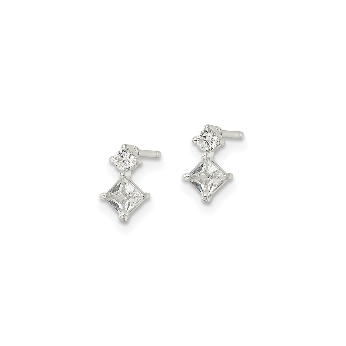 Sterling Silver Drop Stud Earrings with Round and Princess Cut Cubic Zirconia Stones