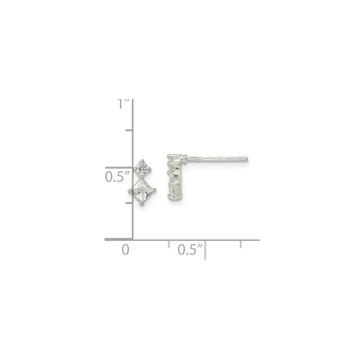 Sterling Silver Drop Stud Earrings with Round and Princess Cut Cubic Zirconia Stones