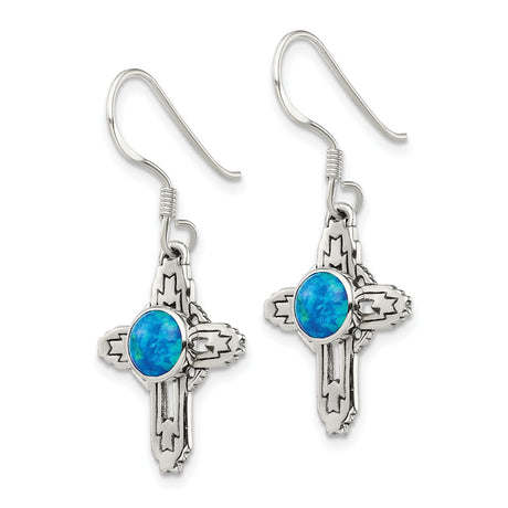 Sterling Silver Cross Pendant with Created Opal, Geometric Faith Design, Southwestern Detailing