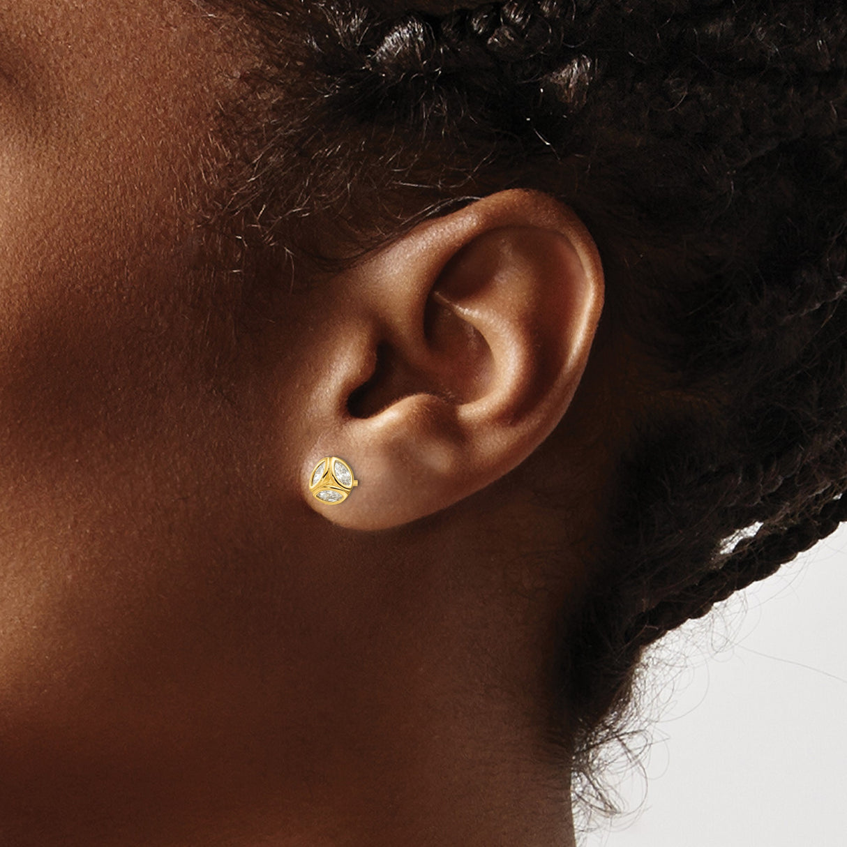 Sterling Silver Stud Earrings with Cubic Zirconia, Gold Plated Marquise Tri-Leaf Design