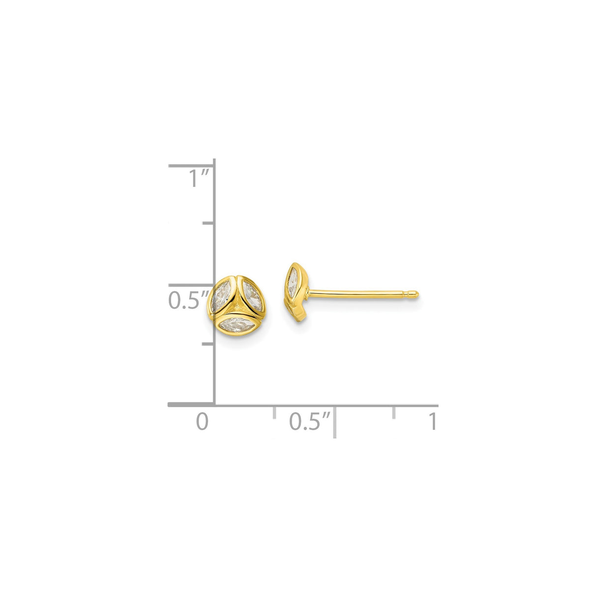 Sterling Silver Stud Earrings with Cubic Zirconia, Gold Plated Marquise Tri-Leaf Design