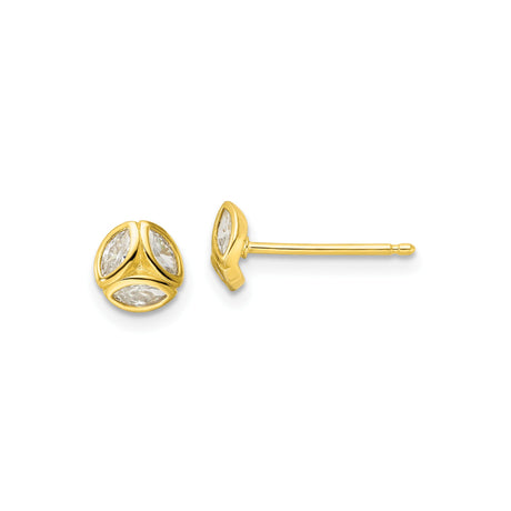 Sterling Silver Stud Earrings with Cubic Zirconia, Gold Plated Marquise Tri-Leaf Design