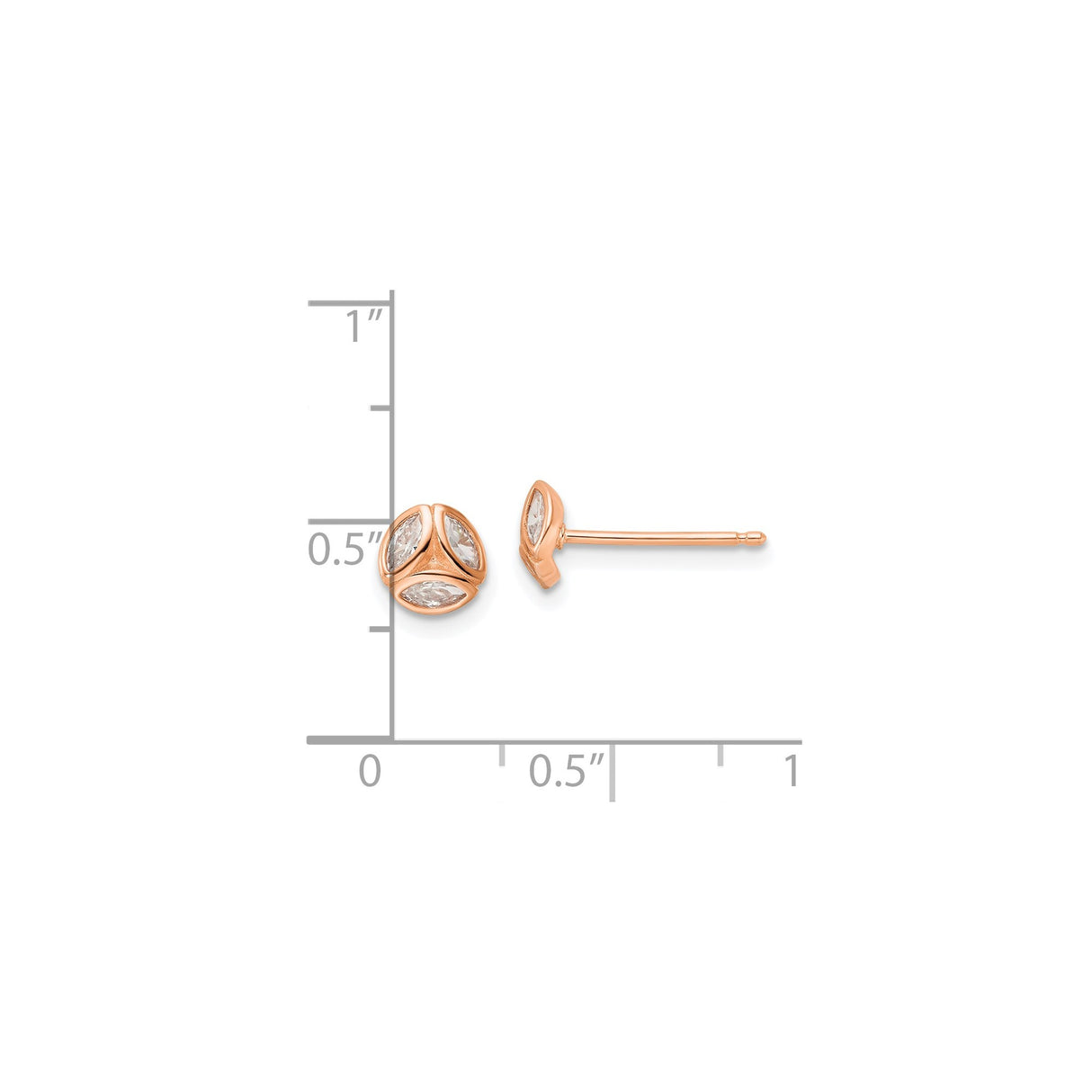 Sterling Silver Stud Earrings with Cubic Zirconia, Tri-Leaf Marquise Minimalist Design