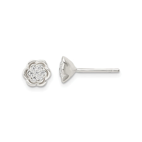 Sterling Silver Flower Stud Earrings with Cubic Zirconia Center and Layered Petal Design
