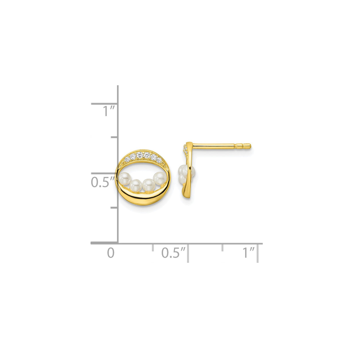Sterling Silver Stud Earrings with Cubic Zirconia and Pearl Accents, Circular Gold Tone Design