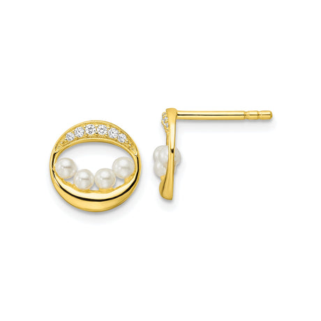 Sterling Silver Stud Earrings for Women with White Pearl Accents, Circular Gold Tone Design, Sparkling Cubic Zirconia, Elegant Crystal Details, Formal Studs for Everyday Wear, Feminine Jewelry