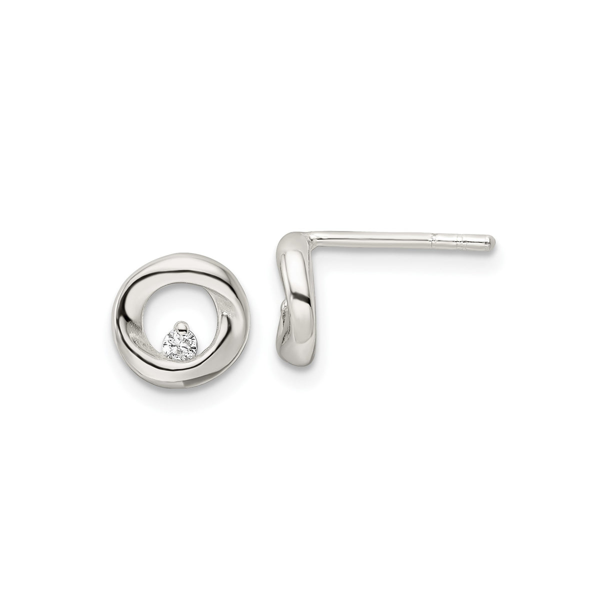 Sterling Silver Stud Earrings with Cubic Zirconia, Open Swirl Design, Modern Circular Style