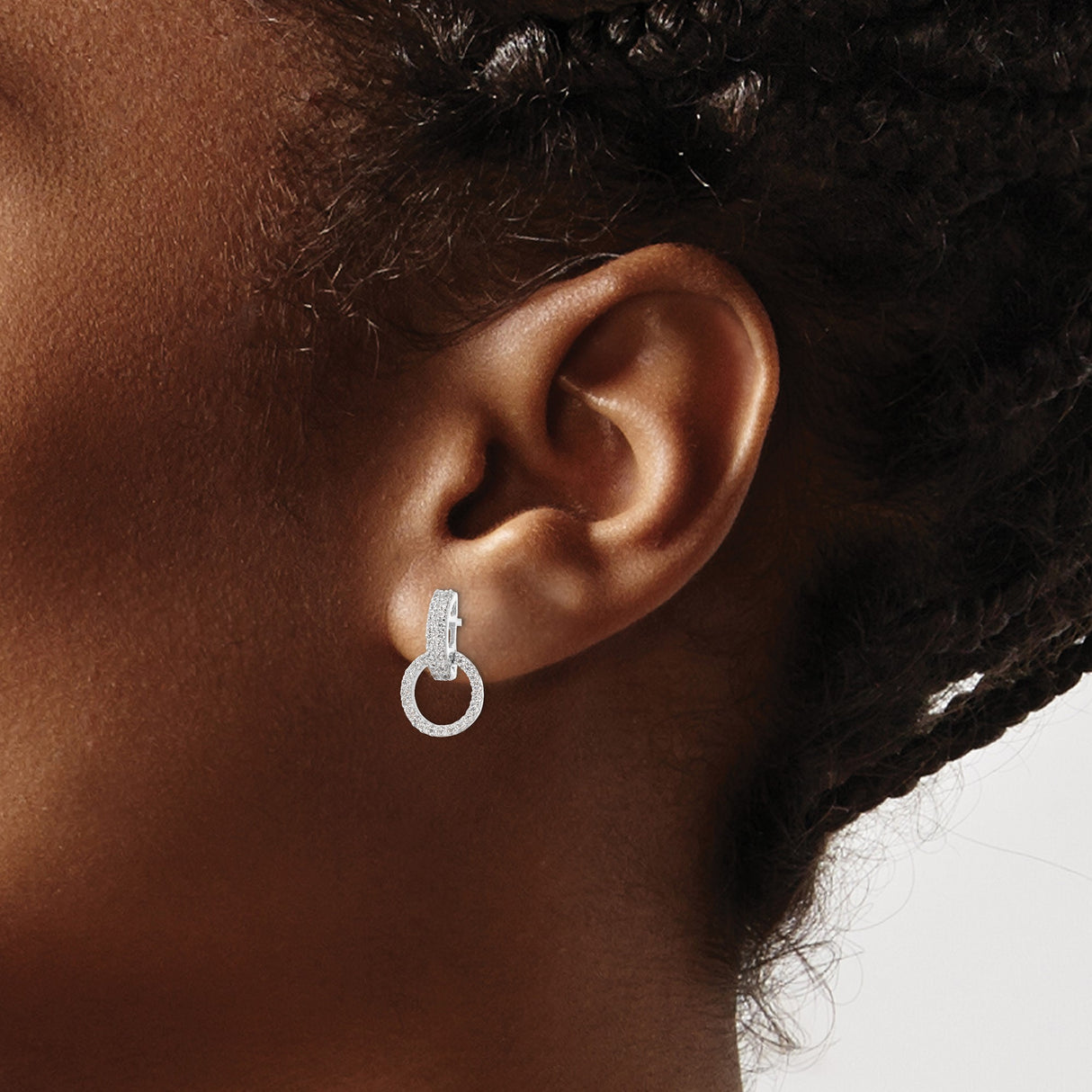 Sterling Silver Dangle Stud Earrings with Cubic Zirconia Interlocking Circle Design