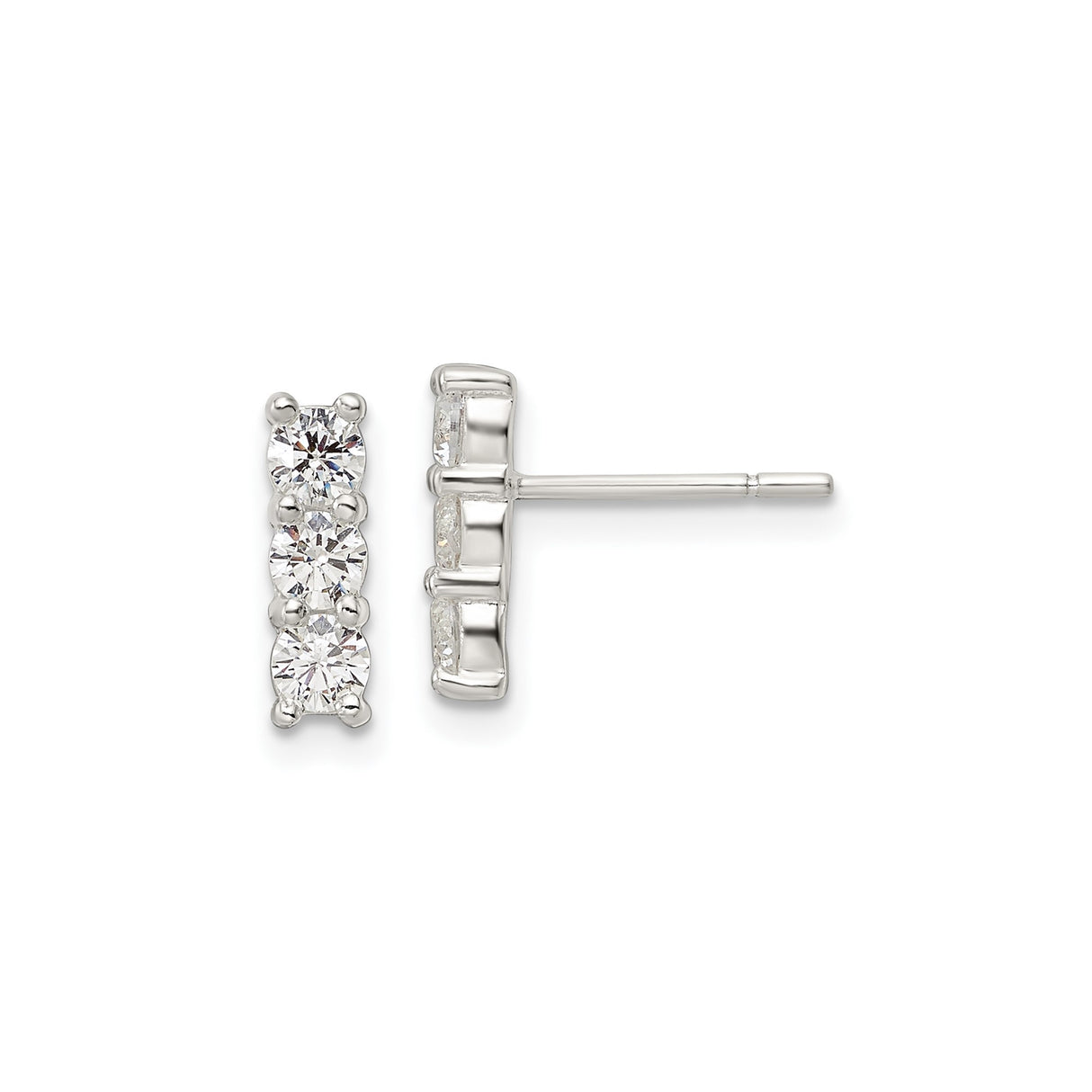 Sterling Silver Vertical Bar Stud Earrings for Women with Four Clear Cubic Zirconia Stones in Prong Setting, Elegant Minimalist Silver Jewelry for Everyday Wear, Stackable CZ Post Bar Studs