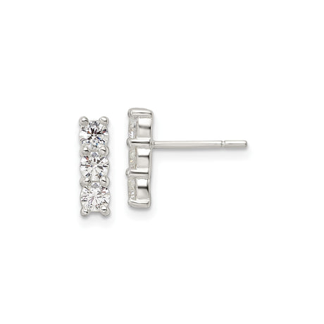 Sterling Silver Vertical Bar Stud Earrings for Women with Four Clear Cubic Zirconia Stones in Prong Setting, Elegant Minimalist Silver Jewelry for Everyday Wear, Stackable CZ Post Bar Studs