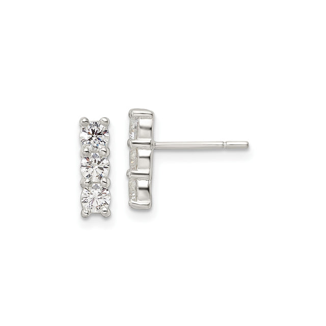 Sterling Silver Vertical Bar Stud Earrings for Women with Four Clear Cubic Zirconia Stones in Prong Setting, Elegant Minimalist Silver Jewelry for Everyday Wear, Stackable CZ Post Bar Studs