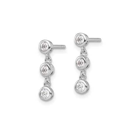 Sterling Silver Drop Earrings with Triple Cubic Zirconia Bezel Set Stones, Minimalist Dangle Design