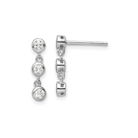 Sterling Silver Drop Earrings with Triple Cubic Zirconia Bezel Set Stones, Minimalist Dangle Design
