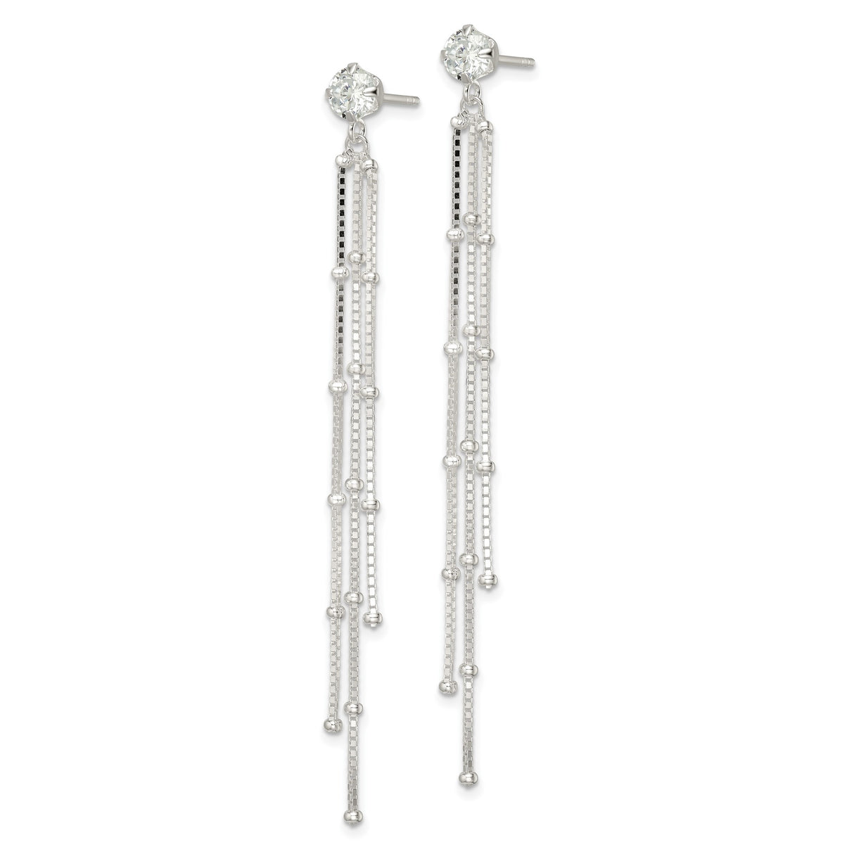 Sterling Silver Dangle Earrings with Cubic Zirconia Stud and Multi Strand Beaded Chains