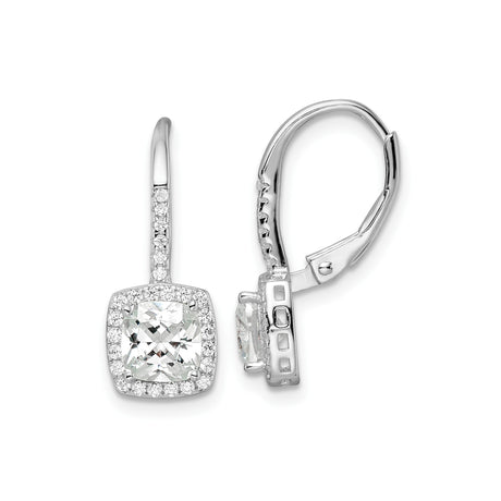 Sterling Silver Drop Earrings with Cushion Cut Cubic Zirconia and Halo Accents