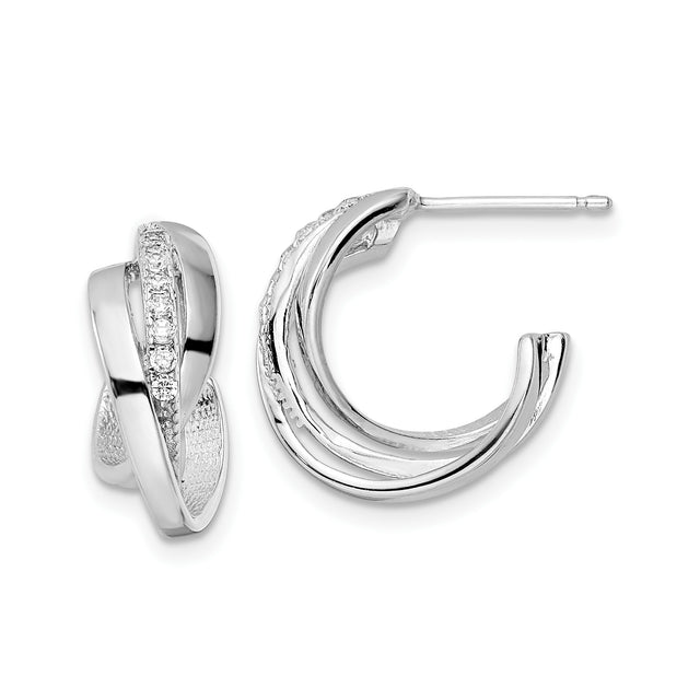Sterling Silver Twist Hoop Earrings with Cubic Zirconia, Crossover Lightweight Design for Women