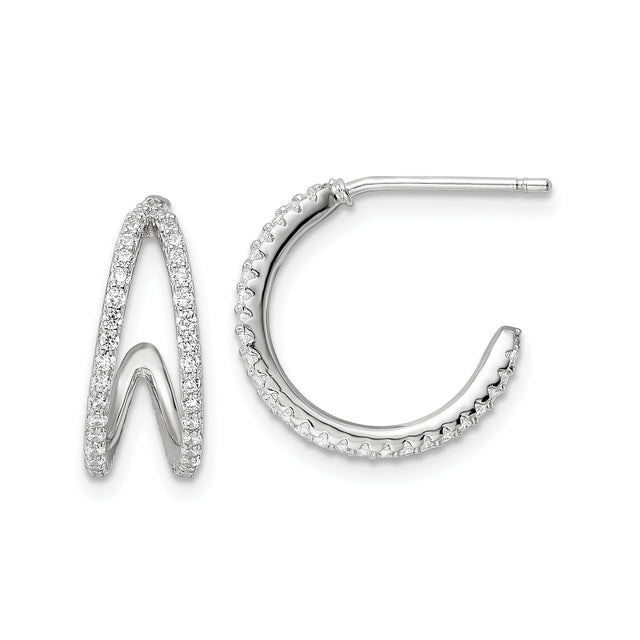 Sterling Silver Hoop Earrings with Cubic Zirconia, V-Shape Wave Design, Modern Formal Style