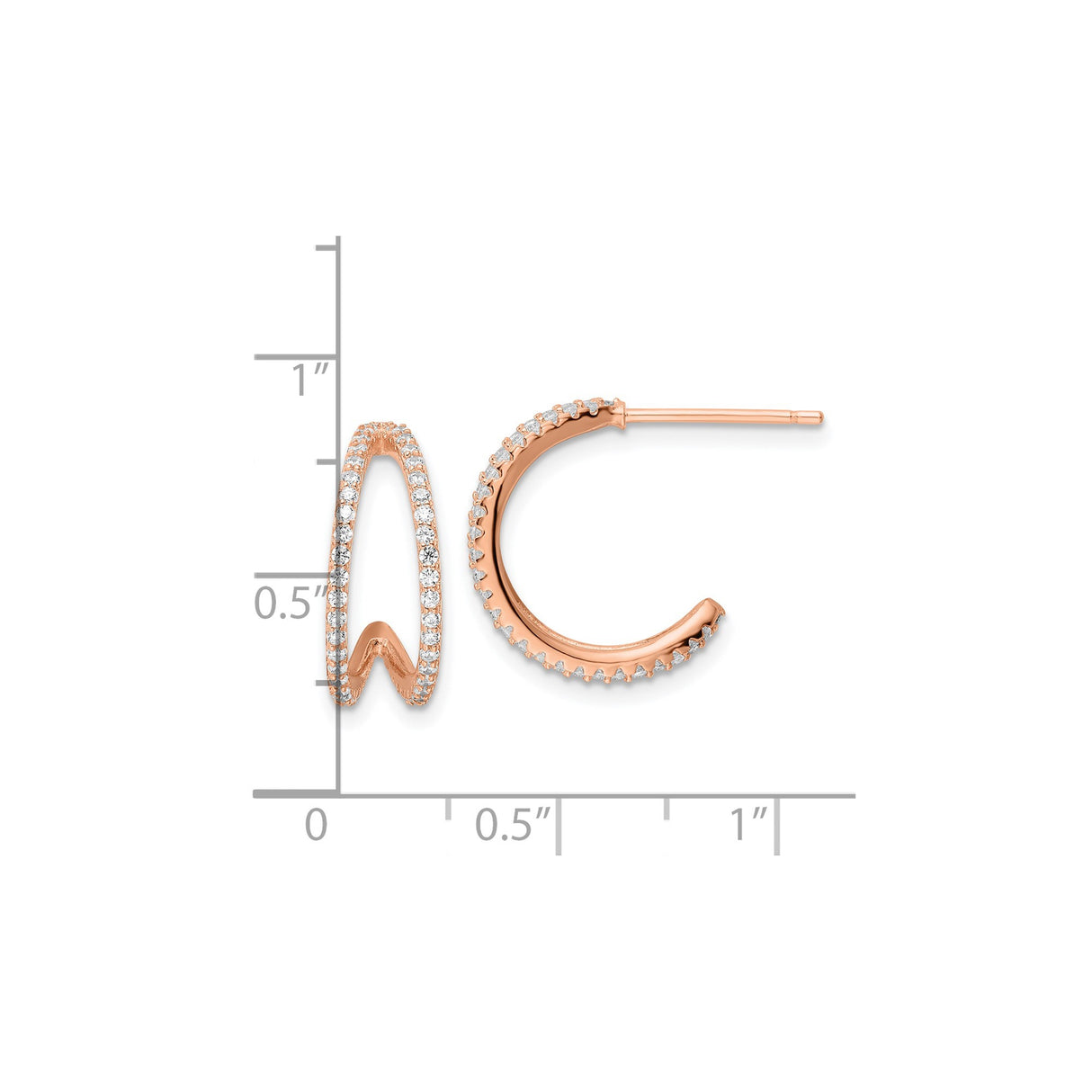 Sterling Silver V-Shape Hoop Earrings with Cubic Zirconia, Rose Gold Plated, Modern Minimalist Design