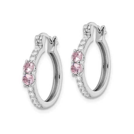 Sterling Silver Hoop Earrings with Pink and White Cubic Zirconia, Channel Set, Latch-Back Closure
