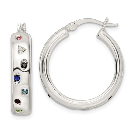 Sterling Silver Hoop Earrings with Cubic Zirconia, Polished Finish, Multi-Color Modern Design