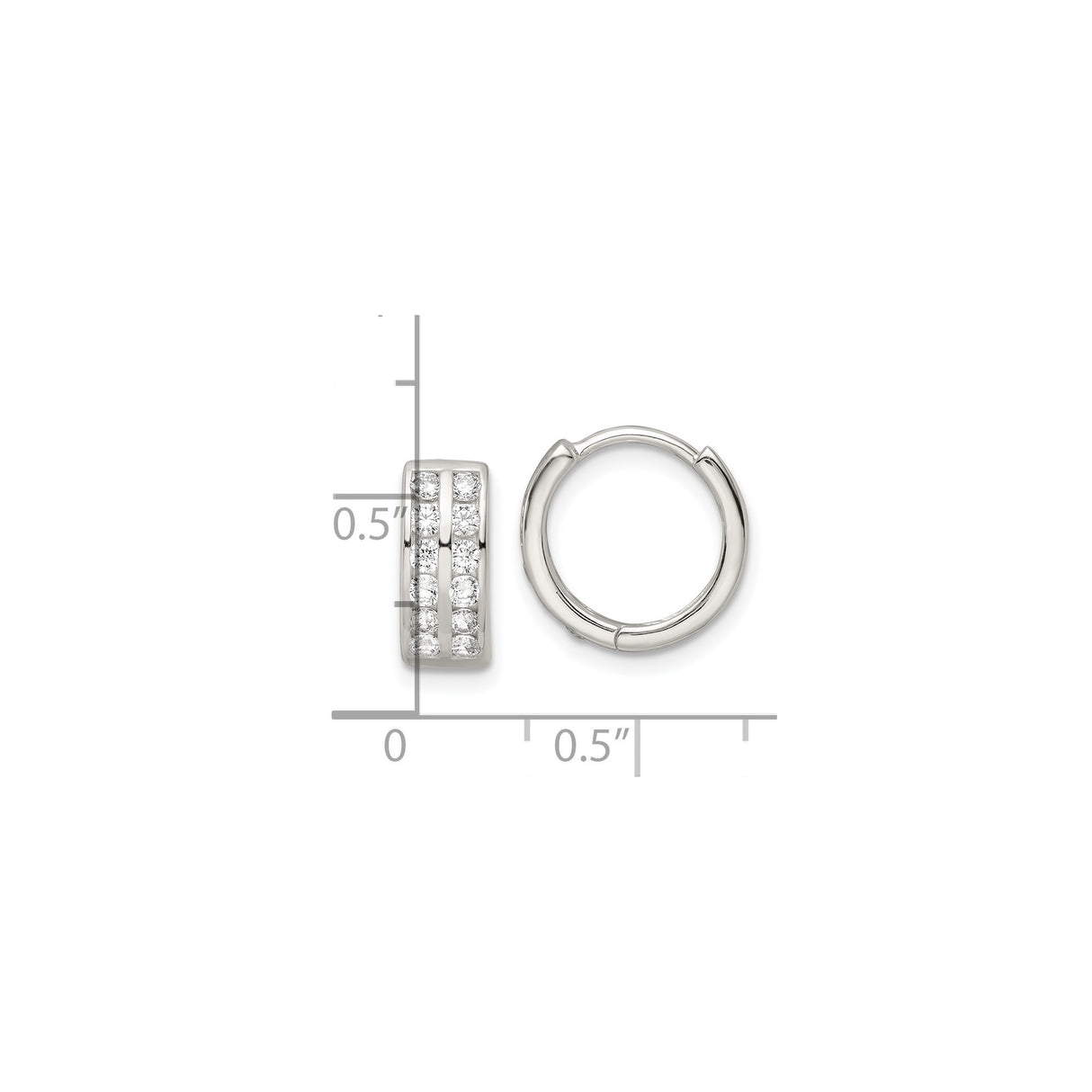 Sterling Silver Huggie Hoop Earrings with Two Rows of Round Cut Cubic Zirconia