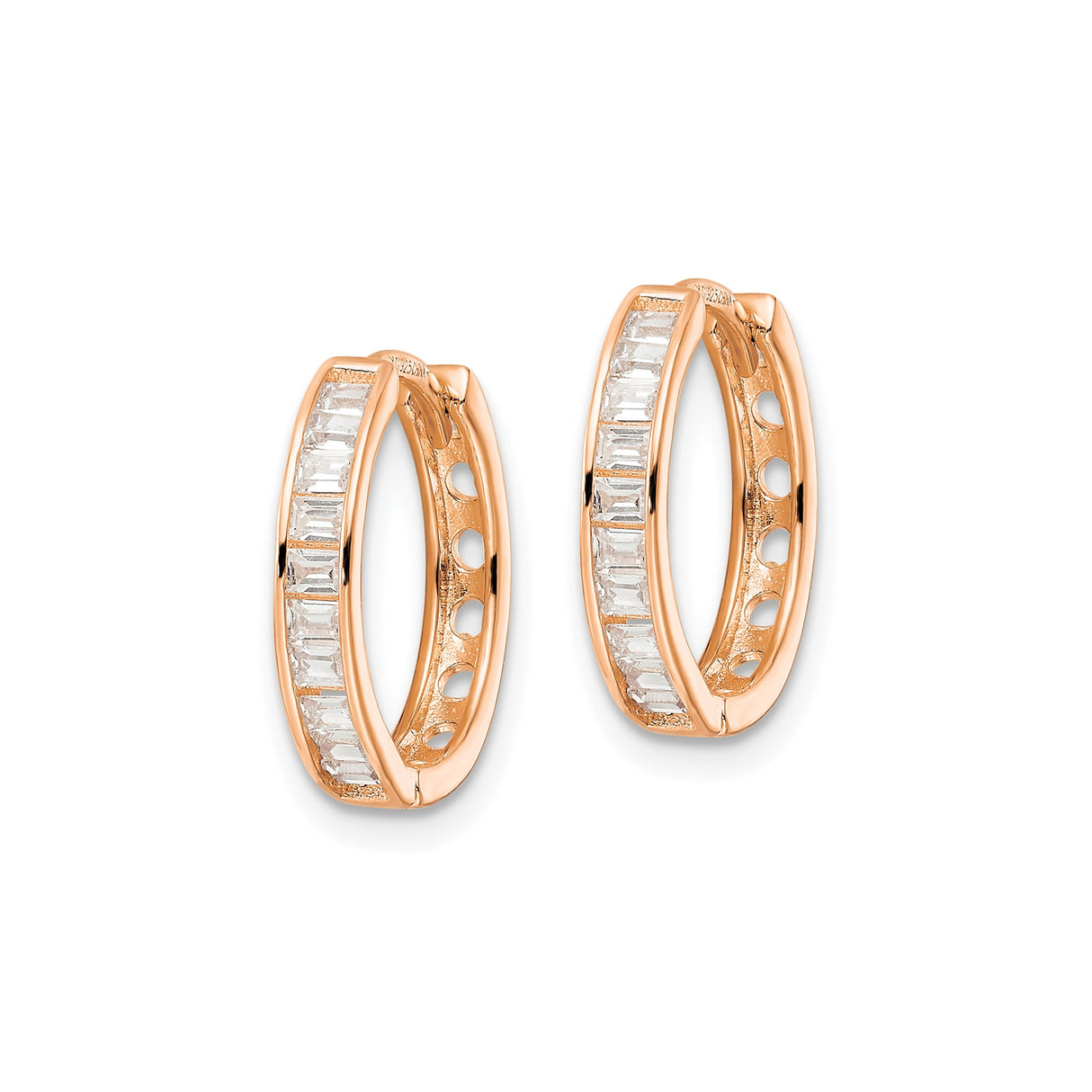 Sterling Silver Hoop Earrings with Cubic Zirconia, Rose Gold Plated, Channel Set Baguette Cut