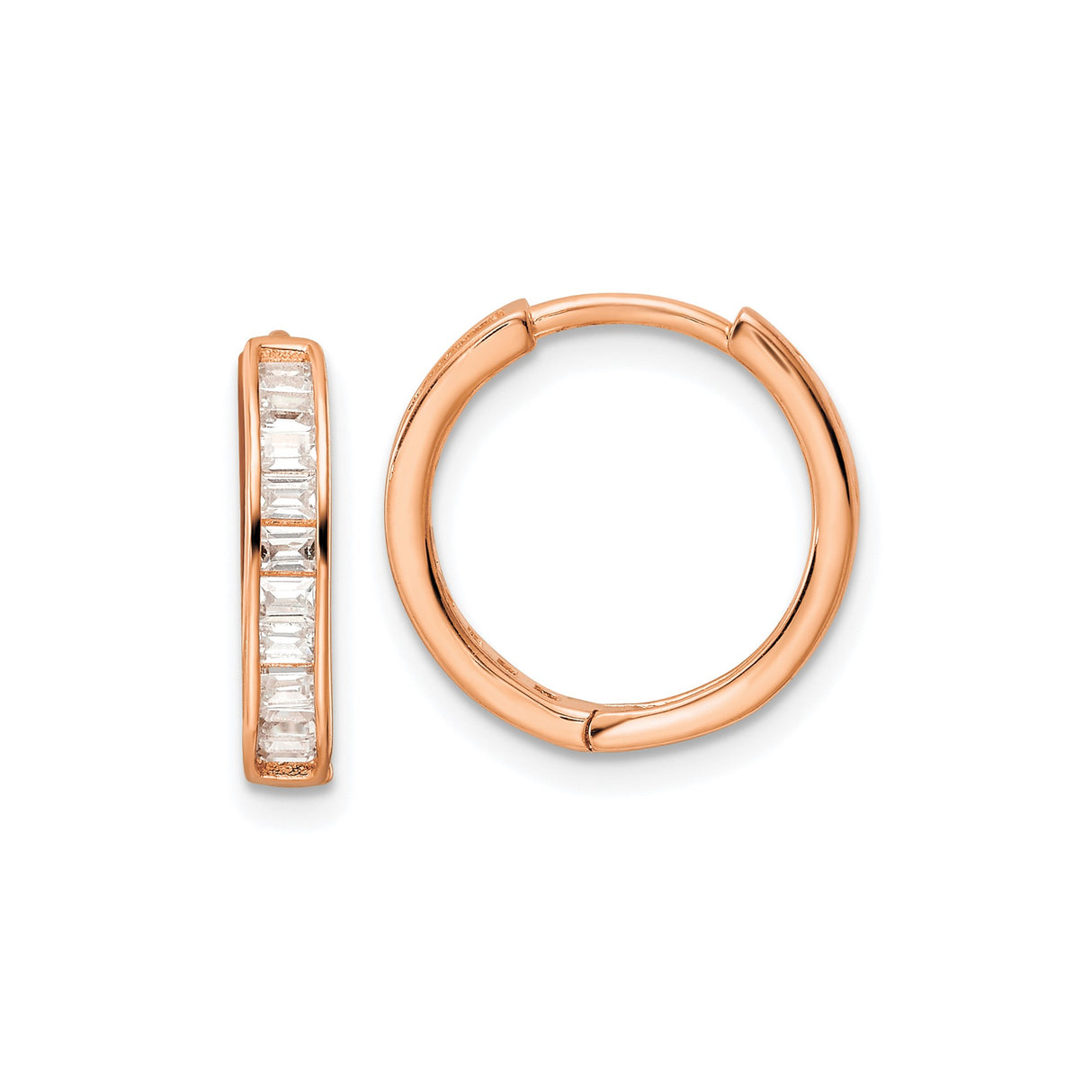 Sterling Silver Hoop Earrings with Cubic Zirconia, Rose Gold Plated, Channel Set Baguette Cut