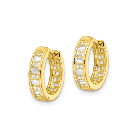 Sterling Silver Huggie Hoop Earrings with Round and Baguette Cubic Zirconia, Modern Minimalist Style