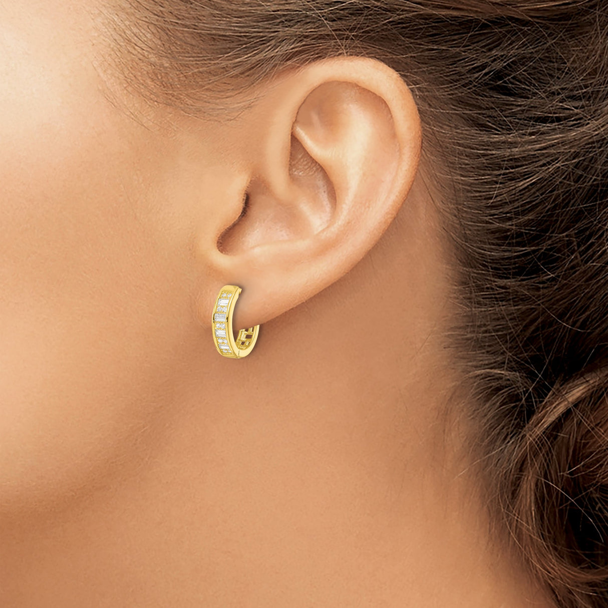 Sterling Silver Huggie Hoop Earrings with Round and Baguette Cubic Zirconia, Modern Minimalist Style